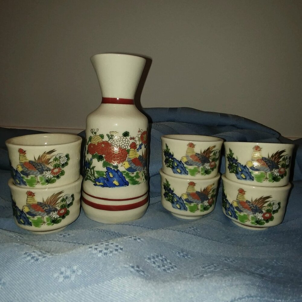 Vintage Pier One OMC Japan Sake Set 7 Piece with Decanter Crackle Glaze
